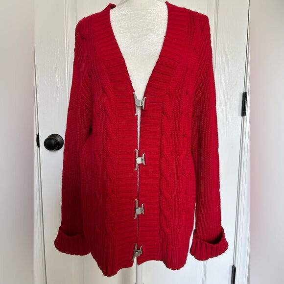 Chico’s Women’s Red Cardigan Sweater Silver Toggle Buttons 100% Cotton Large - Picture 1 of 10